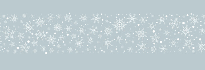 Merry Christmas and happy new year horizontal seamless banner with snowflakes of different shapes and sizes. Design for greeting card. Snow flake border, banner, or wallpaper vector illustration