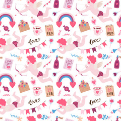 Valentine ’s Day vector seamless pattern with traditional holiday elements. Cupids, love letters, love potion, garlands, calendar and others. Perfect for fabrics, wrapping paper and wallpapers. 