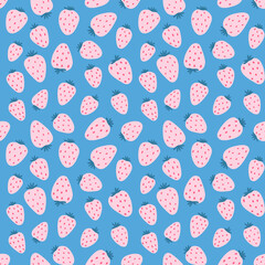 Simple strawberries on blue background vector seamless pattern. Hand drawn doodle style. Perfect for nursery fabrics, wrapping paper and wallpapers. Valentine &rsquo;s Day concept illustration.
