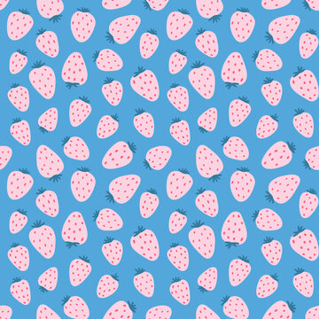 Simple strawberries on blue background vector seamless pattern. Hand drawn doodle style. Perfect for nursery fabrics, wrapping paper and wallpapers. Valentine &rsquo;s Day concept illustration.