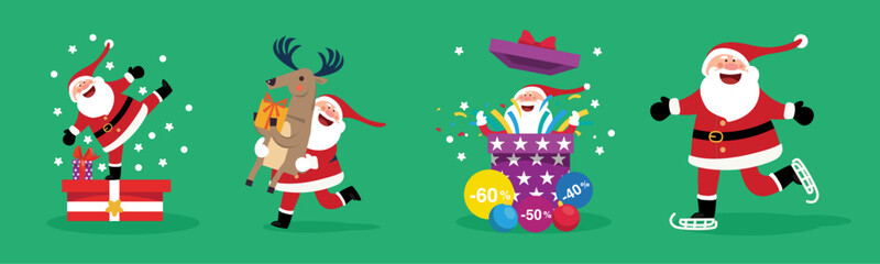 new year characters santa claus deer and gifts concept