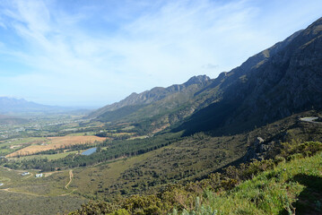 Fototapeta na wymiar View of Franschhoek and surroundings from Franschhoek Pass, South Africa