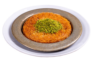 Kunefe. Traditional Turkish cuisine. Kunefe with pistachio isolated on white background. close up