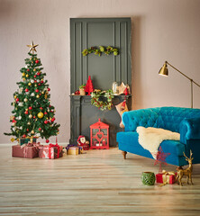 New year interior room concept with black fireplace, Christmas tree ornament, armchair and gift box style.