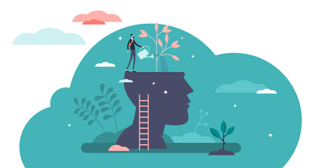 Mind growth progress concept, flat tiny person, transparent background illustration. Head silhouette with businessman growing symbolic knowledge plant. Brain process and intellectual activity improvem