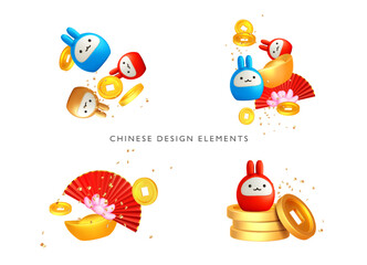 3d set chinese design elements. Chine gold ingot, lunar rabbit, asian fans for chinese new year. Asian spring festival icon. Vector cartoon illustrarion