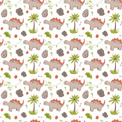 Fototapeta premium Dinosaur seamless pattern footprint tracks. Minimal color background with paw, stones, rainbow. Dinosaur footprint seamless pattern perfect for textile, wrap and wallpaper and design.