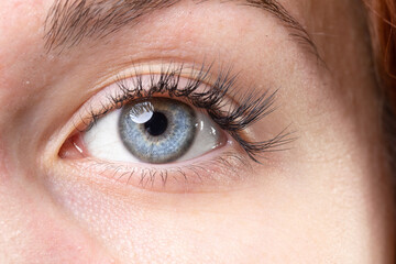 Fototapeta na wymiar Macro of a girl's blue eye with red hair