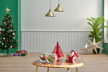 White and green wall background, middle table, gold lamp and Christmas tree style, happy new year room concept.