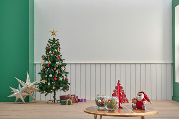 White and green wall background, middle table, gold lamp and Christmas tree style, happy new year room concept.