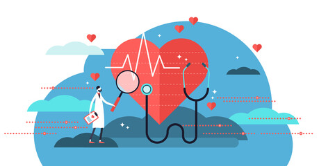 Cardiologist, transparent background illustration. Mini person concept with heart health job. Doctor with stethoscope check patient heartbeat and pulse. Professional medic analyzing cardiovascular mea - obrazy, fototapety, plakaty
