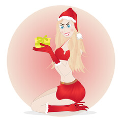 A slender blonde in a Santa costume with a gift is sitting on her knees