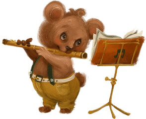 Cute watercolor woodland animal musician. Bear with flute. Music forest animal character - 551842859