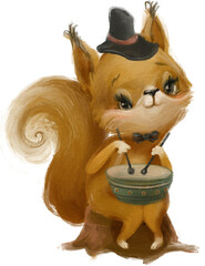 Cute watercolor woodland animal musician. Squirrel with drums. Music forest animal character