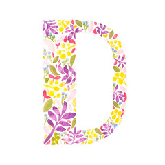 alphabet letter english letter D of DOG character draw colorful flowers and leaves design hand drawn watercolor art on paper cream color. PNG file