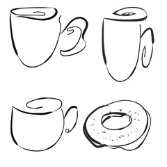 Cups with coffee and tea. Donut. Picture. Logo. Set.