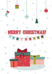 Christmas card with text, gifts with ribbons and bow, garland and New Year decorations. Flat vector illustration isolated on white background decorated with snowflakes