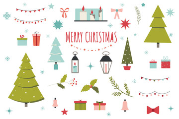 Gifts, garlands, snowflakes, Christmas trees in collection.  Set of stars, candles, lanterns, mistletoe and fir branches for New year decorations. Flat vector illustration isolated on white background