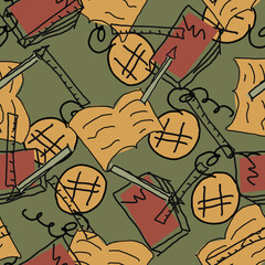 Seamless pattern with notebooks, books and pens. Simple school background.