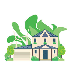 Vector illustration of an eco house with wind turbines and solar panels on an abstract green background