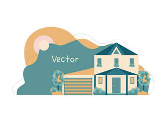 Vector horizontal background of cute house with garage, mountains and sun in simple modern flat style and empty place for text