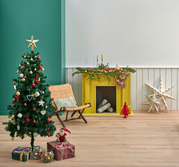 White and green wall new year Christmas style, fireplace interior concept and carpet design, sofa armchair furniture.
