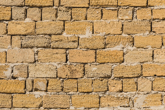 Shell brick wall texture stone background, building limestone sand facade