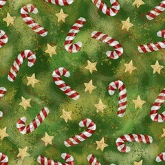 Seamless pattern with new year lollipops and stars on green background. For gift paper, wrapping paper, design, backdrops
