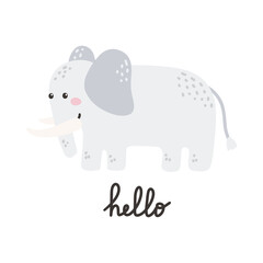 Cute elephant with lettering Hello. Vector hand drawn illustration, children s print for postcards, posters, t-shirt