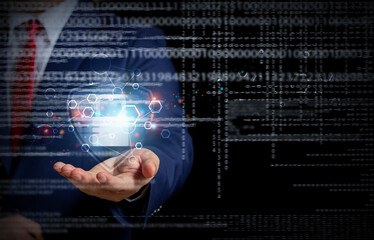 Cyber security safe blue data protection business technology privacy concept,Businessman hold lock icon protecting data personal information.