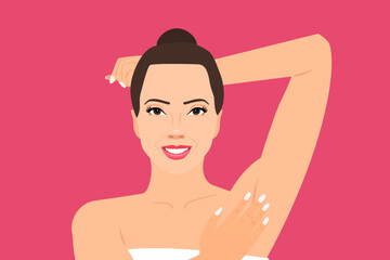 pretty woman showing armpit laser epilation hair removal vector illustration