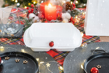 Food delivery service containers on table, festively served for the celebration of Christmas and new year. Tableware and loft-style decor. Saving time, hot order, disposable plastic box. mock up