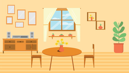 living room with furniture in flat vector style. plants, window, wardrobe, pictures, chair, sound, table and vase. 