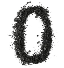 Black coal pile, number 0, zero isolated on white, clipping path