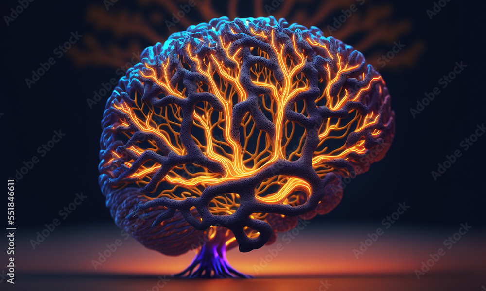 Fototapete Fictitious glowing brain background with neural links network. Generative AI representing artificial intelligence neuronal activity