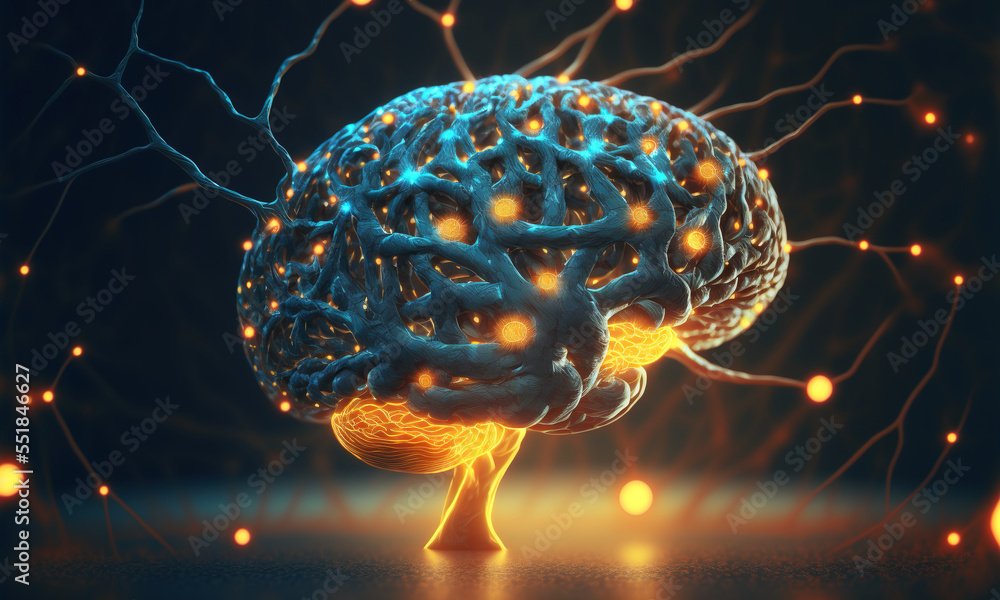 Leinwandbilder Fictitious glowing brain background with neural links network. Generative AI representing artificial intelligence neuronal activity