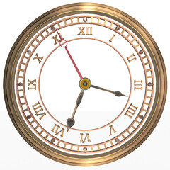 Alte Uhr, Ziffernblatt freigestellt mit nostalgischen Stundenzeiger, Minutenzeiger und roten Sekundenzeiger 