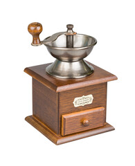 Vintage coffee mill. Wooden and metallic grinder, PNG isolated on transparent background