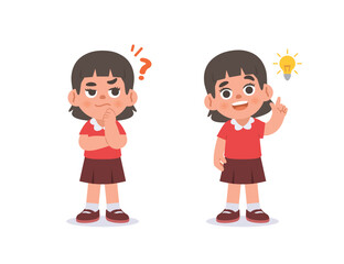 The Asian girl was confused, wondered, had a problem, and tried to answer and The girl figured out the answer to the problem. illustration cartoon character vector design on white background.