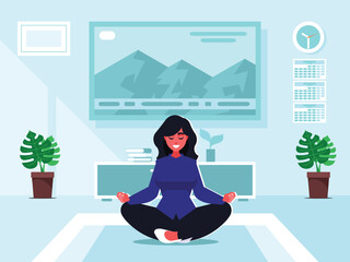 Woman doing yoga. The girl sits in the lotus position. The female character relaxes. Charging to raise the energy of the body. Living room interior concept with modern furniture and TV hanging on the 