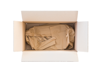 Opened empty carton box, PNG isolated on transparent background