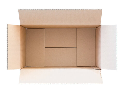 Opened empty carton box, PNG isolated on transparent background