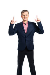 young man in a business suit shows the fingers of both hands to the top. isolated