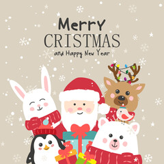 New Year Christmas cute card with winter characters