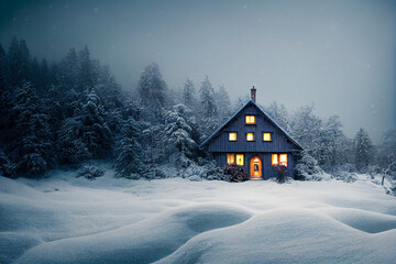Wooden house snow-covered forest, snow-covered