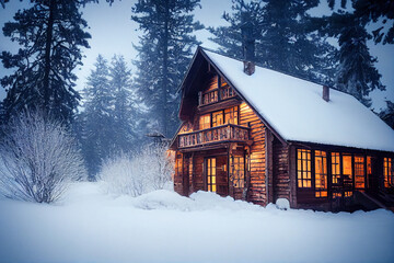 Wooden house forest covered in snow, snow-covered