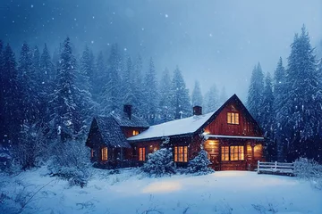 Fotobehang Wooden house trees covered with snow, snow-covered © Llama-World-studio