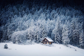 Cozy wood house snow-covered forest, covered in snow