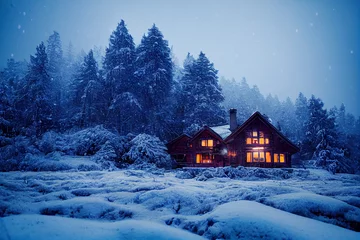 Fotobehang Cozy wood house winter forest, roof in the snow © Llama-World-studio
