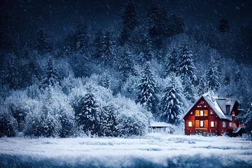 Fotobehang Cozy wood house snow-covered forest, roof in the snow © Llama-World-studio